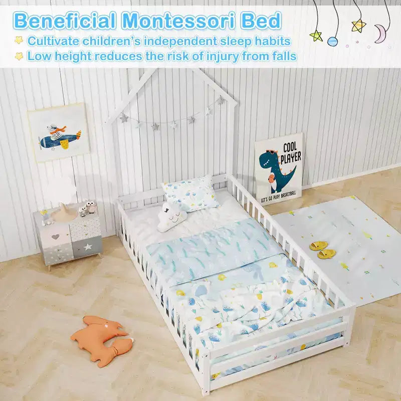 Lit au sol Montessori une place Costway pour tout-petit avec porte verrouillable, garde-corps pleine longueur gris/blanc