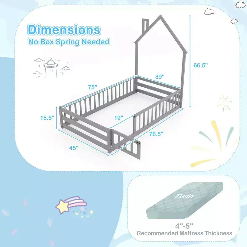 Lit au sol Montessori une place Costway pour tout-petit avec porte verrouillable, garde-corps pleine longueur gris/blanc