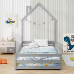 Lit au sol Montessori une place Costway pour tout-petit avec porte verrouillable, garde-corps pleine longueur gris/blanc