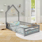 Lit au sol Montessori une place Costway pour tout-petit avec porte verrouillable, garde-corps pleine longueur gris/blanc