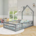 Lit au sol Montessori une place Costway pour tout-petit avec porte verrouillable, garde-corps pleine longueur gris/blanc