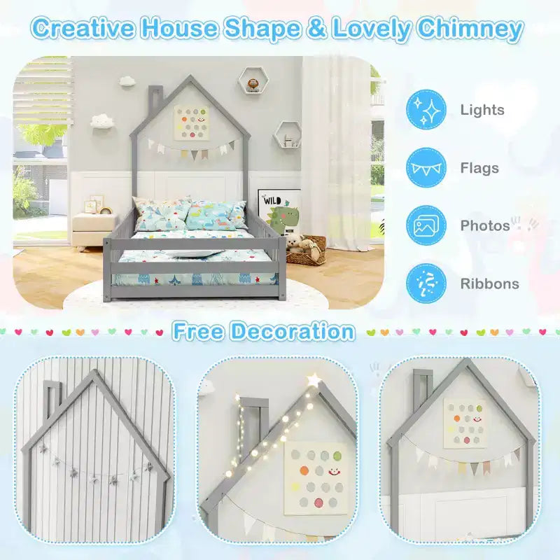 Lit au sol Montessori une place Costway pour tout-petit avec porte verrouillable, garde-corps pleine longueur gris/blanc
