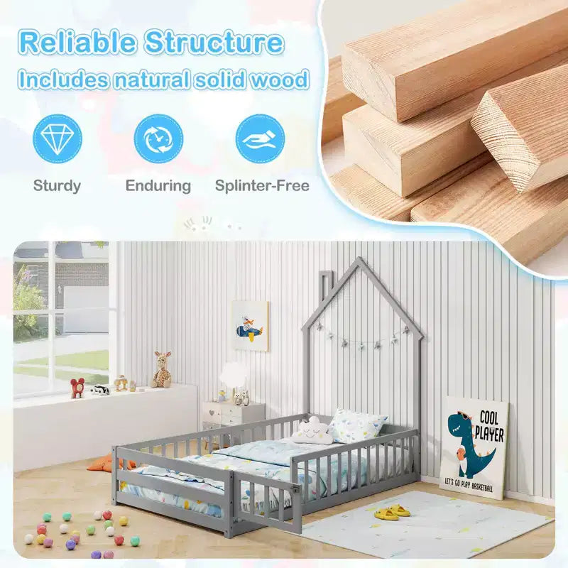 Lit au sol Montessori une place Costway pour tout-petit avec porte verrouillable, garde-corps pleine longueur gris/blanc