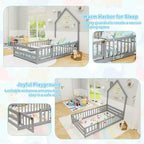 Lit au sol Montessori une place Costway pour tout-petit avec porte verrouillable, garde-corps pleine longueur gris/blanc