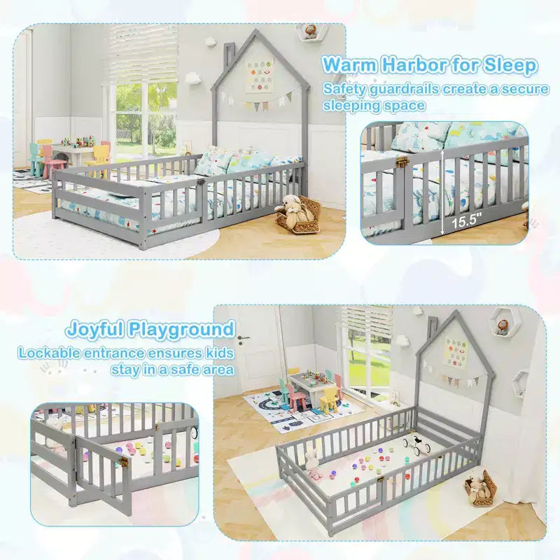 Lit au sol Montessori une place Costway pour tout-petit avec porte verrouillable, garde-corps pleine longueur gris/blanc