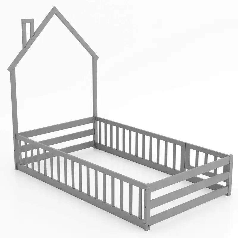 Costway Twin Size Montessori Floor Bed for Toddler with Lockable Door Full-Length Guardrail Gray/White