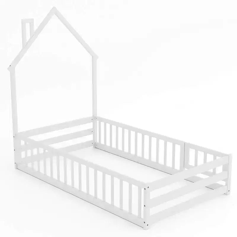 Lit au sol Montessori une place Costway pour tout-petit avec porte verrouillable, garde-corps pleine longueur gris/blanc