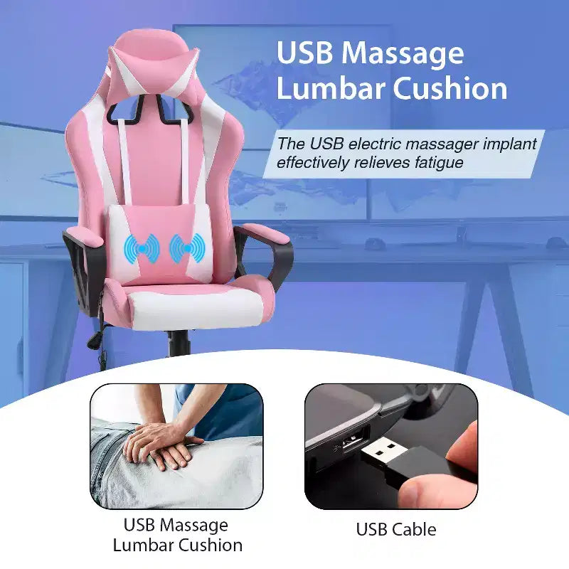 Chaise de jeu FDW Gaming Chaise de bureau massante confortable et élégante avec soutien lombaire réglable, pivotante à 360 degrés et roulettes silencieuses
