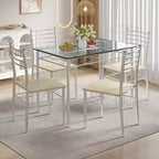Ensemble de salle à manger 5 pièces VECELO avec table en verre et 4 chaises rembourrées, ensemble de table rectangulaire de cuisine marron/noir