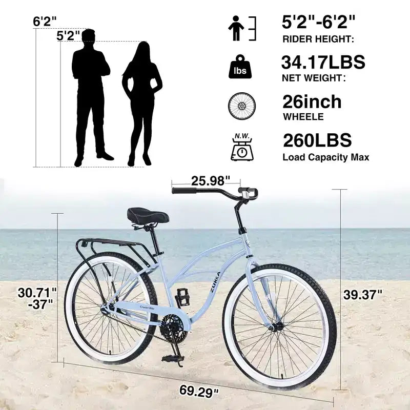 Vélo Single Speed en Acier 26 Pouces, Cadre en Acier, Roues Larges pour la Stabilité, Frein à Rétropédalage, Plusieurs Couleurs Vélo Cruiser de Plage Homme Femme