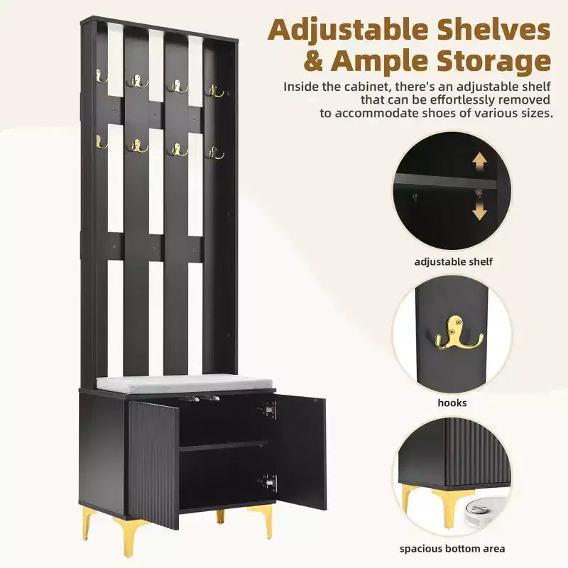 Arbre d'entrée moderne 4 en 1 de 61 cm de large, porte-manteau, armoire à chaussures multifonctionnelle avec banc de rangement rembourré, crochets et étagères réglables - ModernLuxe