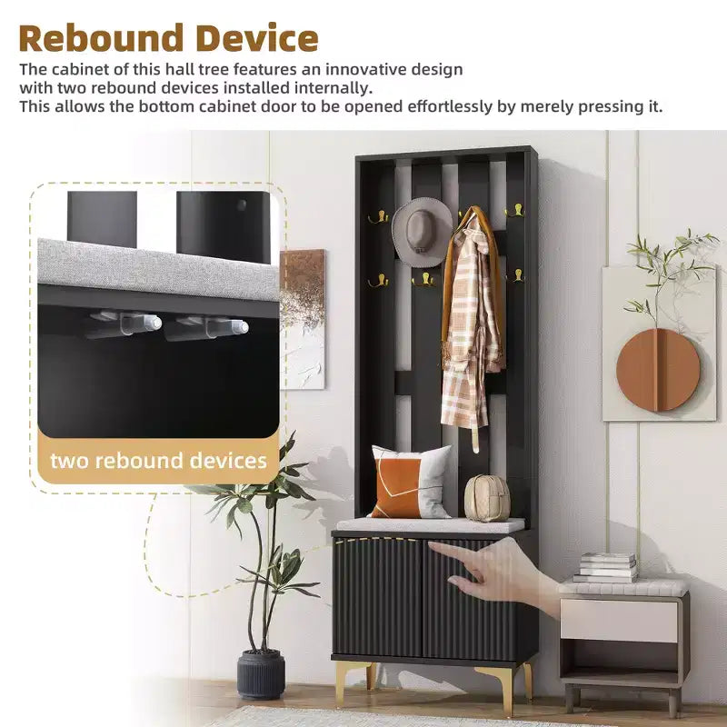 Arbre d'entrée moderne 4 en 1 de 61 cm de large, porte-manteau, armoire à chaussures multifonctionnelle avec banc de rangement rembourré, crochets et étagères réglables - ModernLuxe