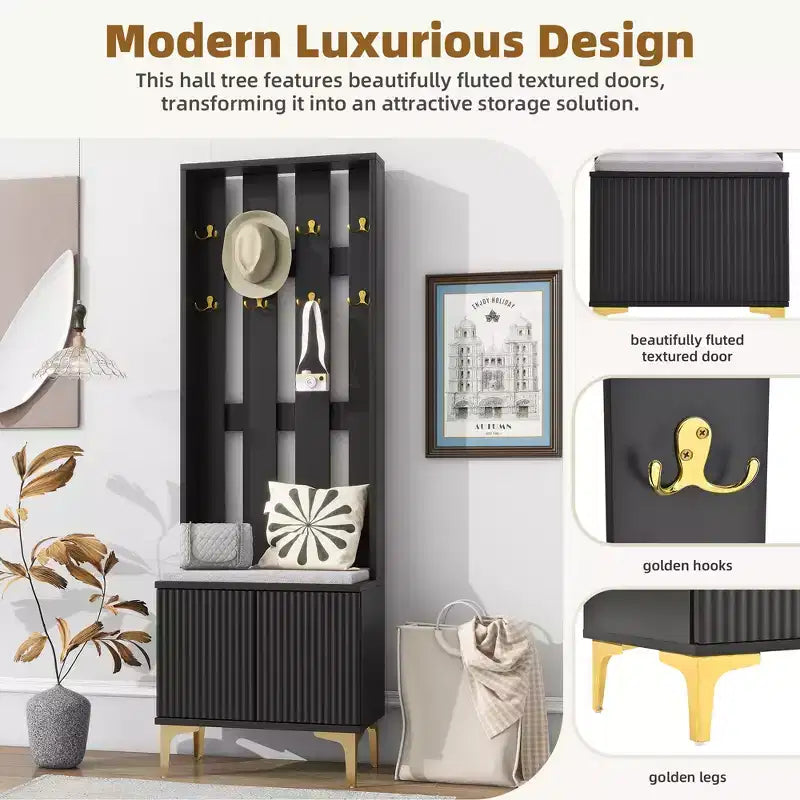 Arbre d'entrée moderne 4 en 1 de 61 cm de large, porte-manteau, armoire à chaussures multifonctionnelle avec banc de rangement rembourré, crochets et étagères réglables - ModernLuxe