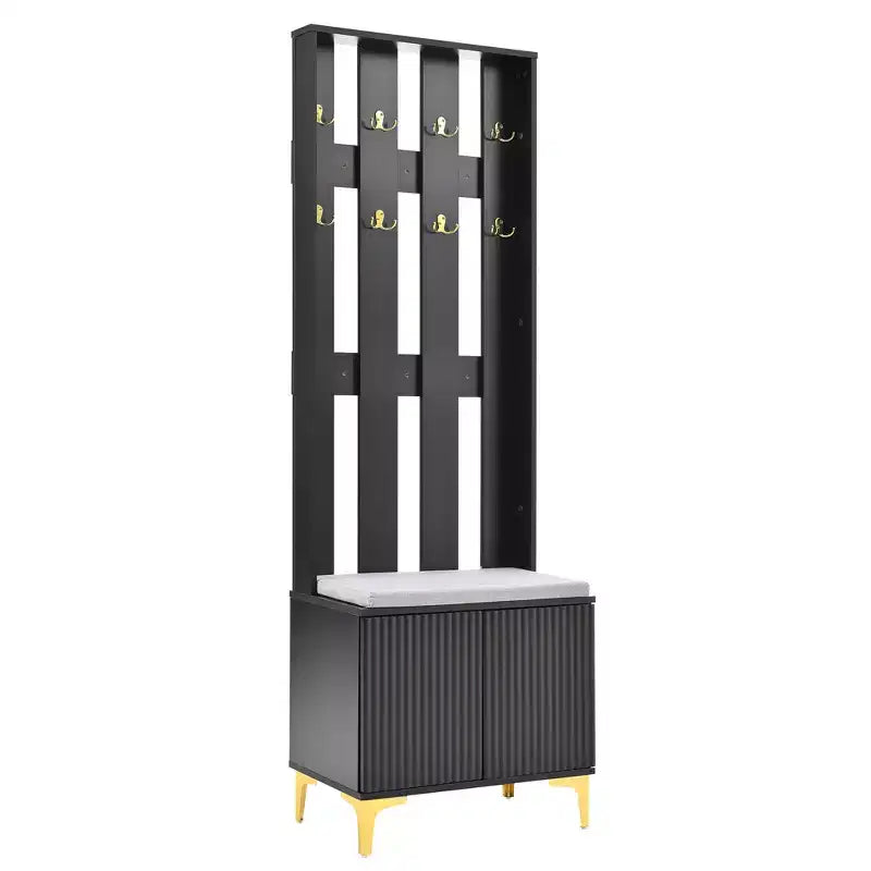 Arbre d'entrée moderne 4 en 1 de 61 cm de large, porte-manteau, armoire à chaussures multifonctionnelle avec banc de rangement rembourré, crochets et étagères réglables - ModernLuxe