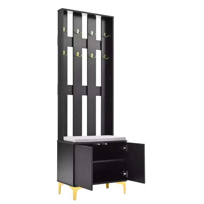 Arbre d'entrée moderne 4 en 1 de 61 cm de large, porte-manteau, armoire à chaussures multifonctionnelle avec banc de rangement rembourré, crochets et étagères réglables - ModernLuxe