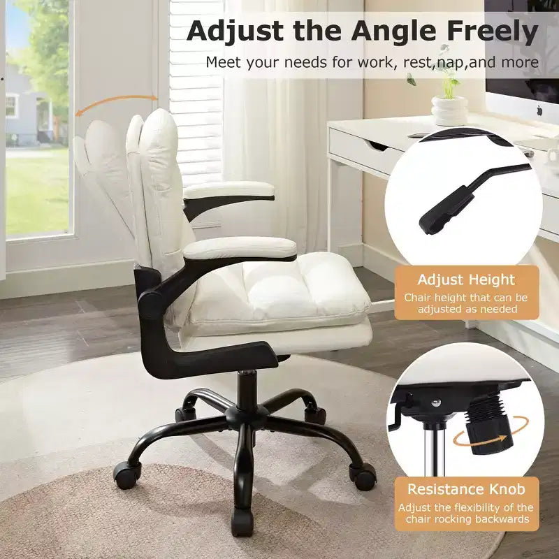 Chaise de bureau VECELO dossier haut en cuir PU, rembourrée, pivotante, avec accoudoirs relevables et hauteur réglable Blanc/Gris