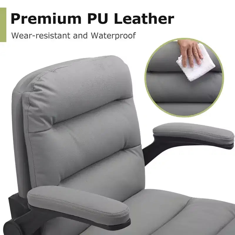 Chaise de bureau VECELO dossier haut en cuir PU, rembourrée, pivotante, avec accoudoirs relevables et hauteur réglable Blanc/Gris