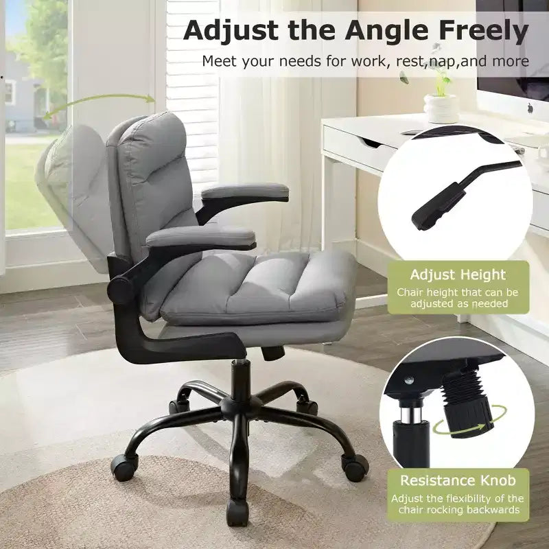 Chaise de bureau VECELO dossier haut en cuir PU, rembourrée, pivotante, avec accoudoirs relevables et hauteur réglable Blanc/Gris