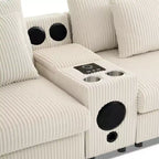 Canapé d'angle en velours côtelé de 290 cm avec haut-parleurs Bluetooth, chargeur USB, porte-gobelets et pouf - ModernLuxe