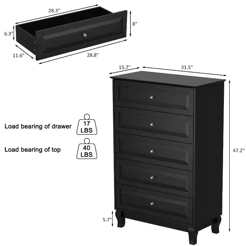 Commode verticale à 5 tiroirs Hitow, Meuble de rangement haut