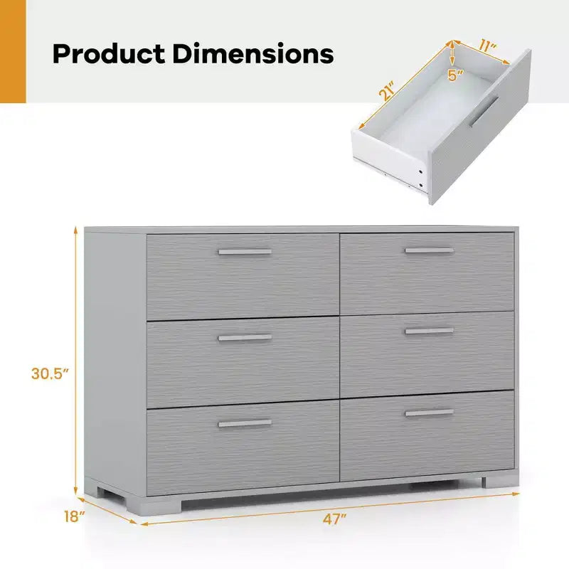 Commode de rangement à 6 tiroirs Costway avec pieds et poignées en métal, dispositifs anti-basculement
