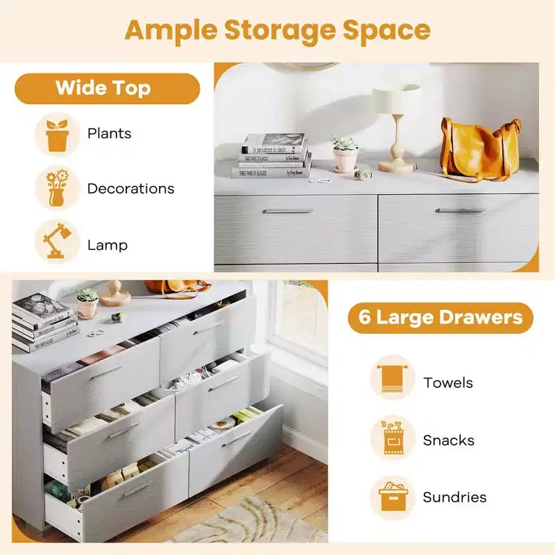 Commode de rangement à 6 tiroirs Costway avec pieds et poignées en métal, dispositifs anti-basculement