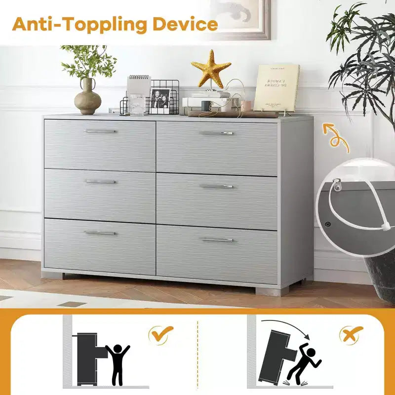 Commode de rangement à 6 tiroirs Costway avec pieds et poignées en métal, dispositifs anti-basculement