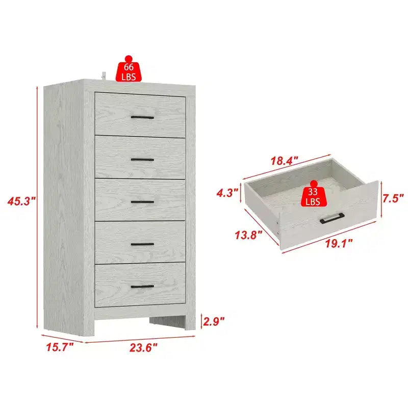 Commode verticale à 5 tiroirs Famapy, commode en bois texturé avec poignées décoratives en métal