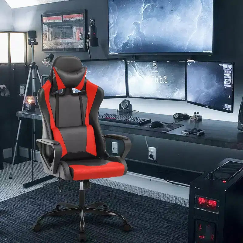 Chaise de bureau BestMassage Gaming Chair à dossier haut avec support lombaire, fonction massage et roulettes en cuir PU pour adultes et adolescents