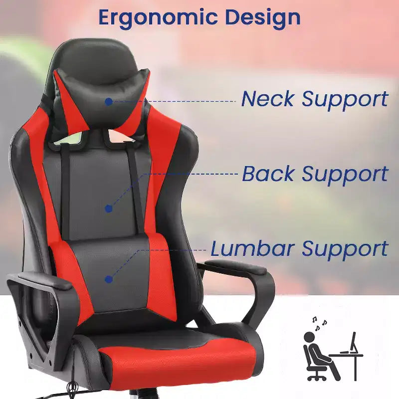 Chaise de bureau BestMassage Gaming Chair à dossier haut avec support lombaire, fonction massage et roulettes en cuir PU pour adultes et adolescents