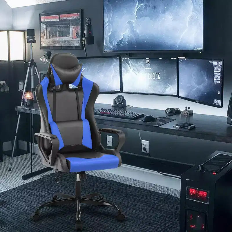 Chaise de bureau BestMassage Gaming Chair à dossier haut avec support lombaire, fonction massage et roulettes en cuir PU pour adultes et adolescents