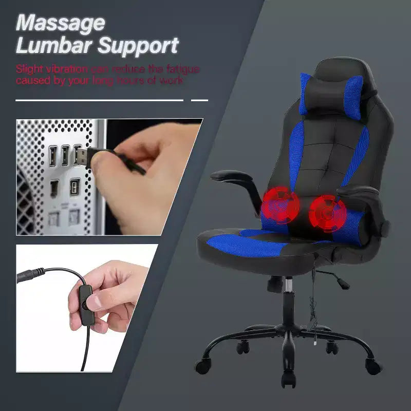 Chaise de jeu BestMassage, chaise de bureau avec support lombaire, revêtement en similicuir et base pivotante à roulettes pour le jeu sur PC et l'utilisation exécutive