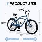 Vélo Cruiser 26 Pouces, 7 Vitesses Couleurs Multiples Vélo de Plage Homme Femme avec Freins V Avant et Arrière
