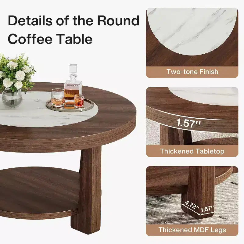 Table basse Lantine, table d'appoint ronde à 2 niveaux avec rangement pour le salon