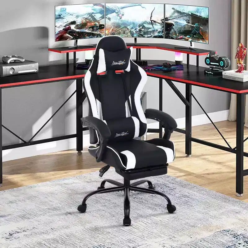 FDW Chaise de jeu Chaise de bureau de course avec repose-pieds Support lombaire Appui-tête Accoudoir Chaise de gamer PC réglable à roulettes pivotante