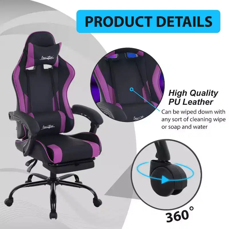 FDW Chaise de jeu Chaise de bureau de course avec repose-pieds Support lombaire Appui-tête Accoudoir Chaise de gamer PC réglable à roulettes pivotante