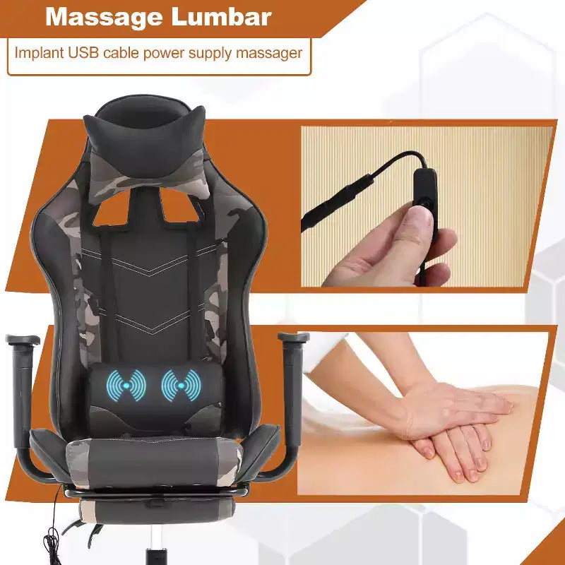 BestMassage Fauteuil de bureau gamer Racing avec fonction massage, soutien lombaire, en cuir PU pour adulte