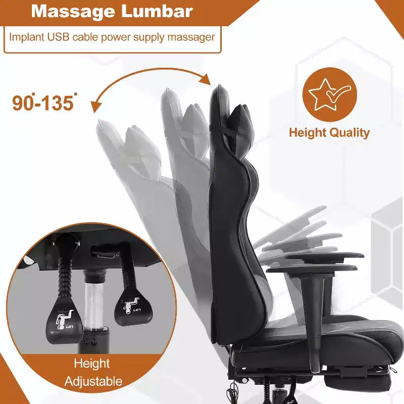 BestMassage Fauteuil de bureau gamer Racing avec fonction massage, soutien lombaire, en cuir PU pour adulte