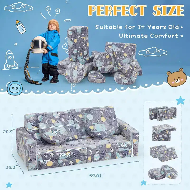 EROMMY Canapé pour enfants, canapé de jeu modulaire 12 pièces pour enfants avec lueur verte, canapé polyvalent pour tout-petits pour salle de jeux