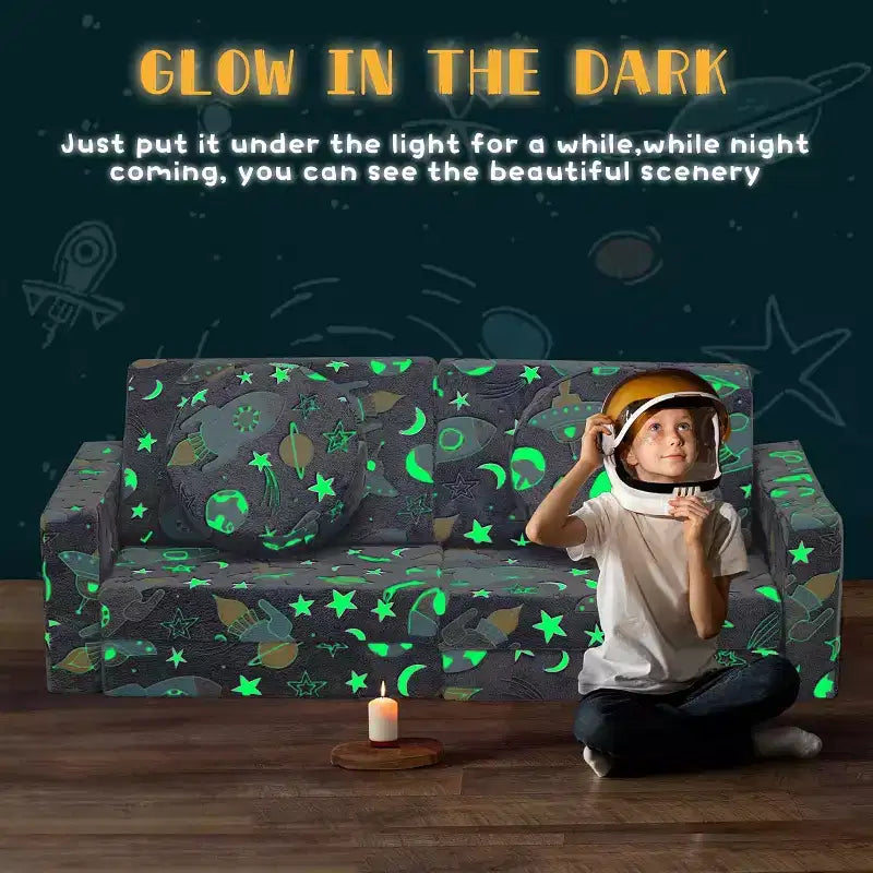 EROMMY Canapé pour enfants, canapé de jeu modulaire 12 pièces pour enfants avec lueur verte, canapé polyvalent pour tout-petits pour salle de jeux