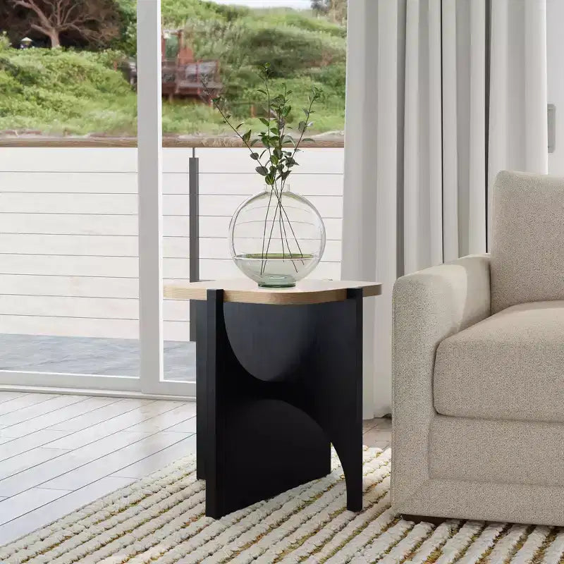 LuxenHome 19,3 Table d'appoint carrée moderne, table d'appoint noire avec plateau en bois naturel, table d'appoint pour salon