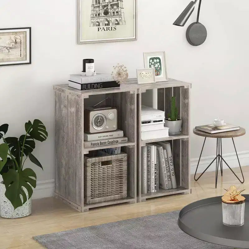 Costway Étagère de Rangement 1/2 PIÈCES à 2 Cubes Organisateur Cubique en Bois de Paulownia à Lattes avec Dos Ouvert Marron