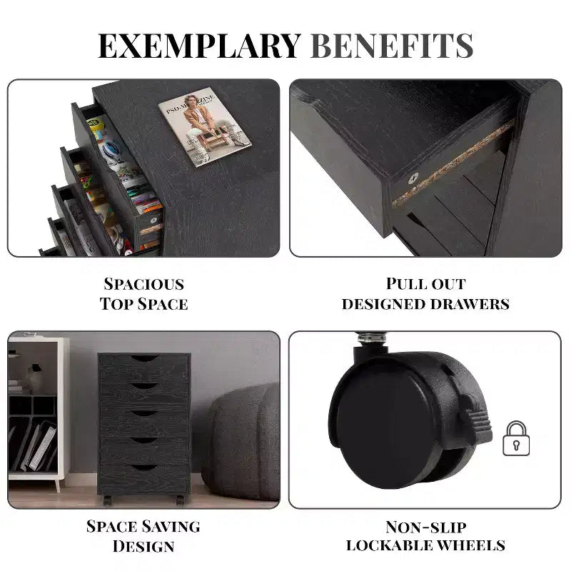 Meuble de rangement à 5 tiroirs pour documents, rangement intelligent avec séparateurs réglables, roulettes verrouillables et glissières fluides