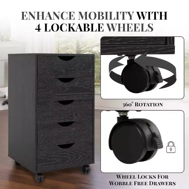 Meuble de rangement à 5 tiroirs pour documents, rangement intelligent avec séparateurs réglables, roulettes verrouillables et glissières fluides