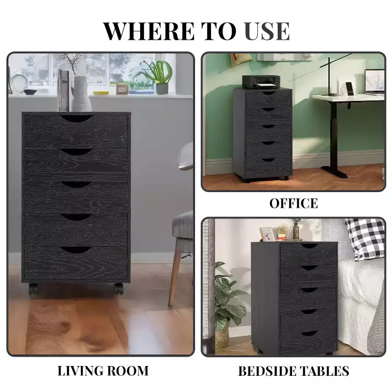 Meuble de rangement à 5 tiroirs pour documents, rangement intelligent avec séparateurs réglables, roulettes verrouillables et glissières fluides