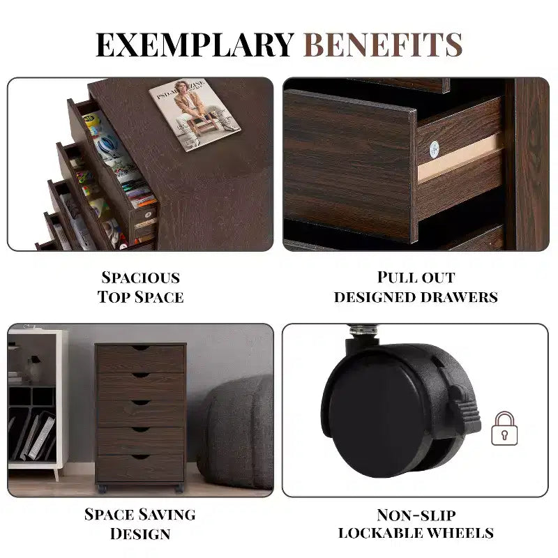Meuble de rangement à 5 tiroirs pour documents, rangement intelligent avec séparateurs réglables, roulettes verrouillables et glissières fluides