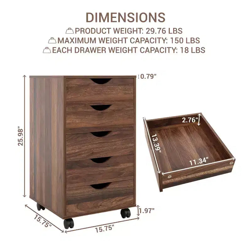 Meuble de rangement à 5 tiroirs pour documents, rangement intelligent avec séparateurs réglables, roulettes verrouillables et glissières fluides