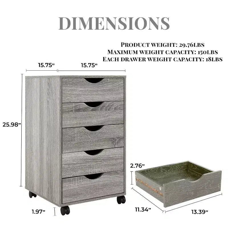 Meuble de rangement à 5 tiroirs pour documents, rangement intelligent avec séparateurs réglables, roulettes verrouillables et glissières fluides