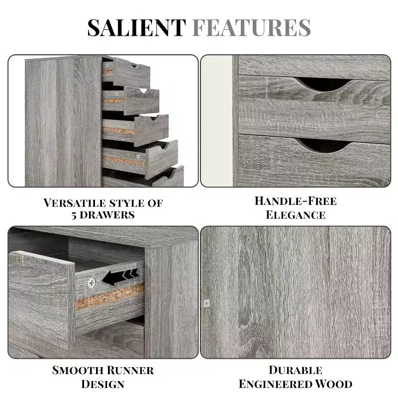 Meuble de rangement à 5 tiroirs pour documents, rangement intelligent avec séparateurs réglables, roulettes verrouillables et glissières fluides