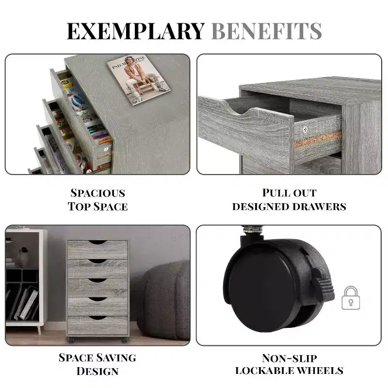 Meuble de rangement à 5 tiroirs pour documents, rangement intelligent avec séparateurs réglables, roulettes verrouillables et glissières fluides